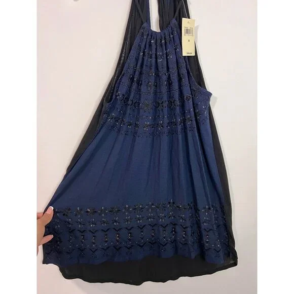 NWT Lucky Brand Blue/White Beaded‎ Embellished Halter Blouse Top Size M - Picture 3 of 8
